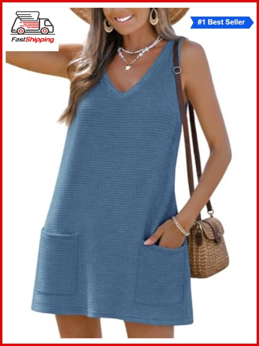 ✨ Sleeveless V-Neck Waffle Knit Swimsuit Coverup Beach Dress with Pockets